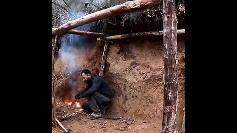 Bushcraft shelter build and wilderness cooking in the forest