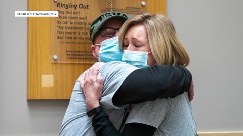 "It was a miracle:" husband and wife both declared cancer-free, ring bell at Roswell Park together