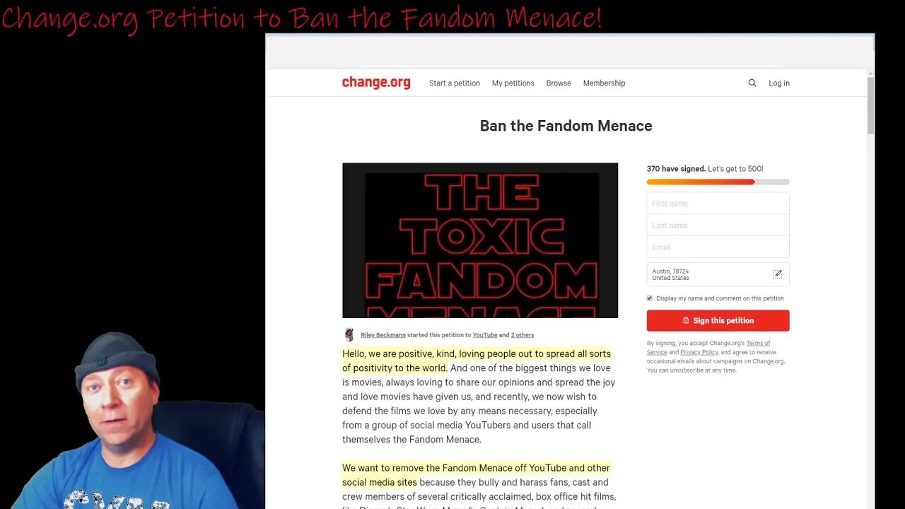 Change.org Petition to Ban the Fandom Menace From YouTube