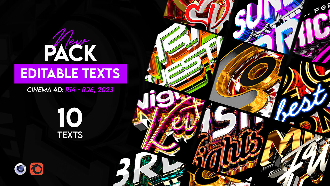 Pack Of 10 Editable Text Cinema 4D R14 - R26, 2023 | No Plugins