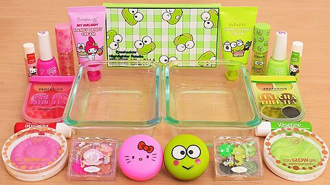 Pink vs Green Slime - Mixing Hello Kitty Makeup Eyeshadow Into Satisfying Slime ASMR