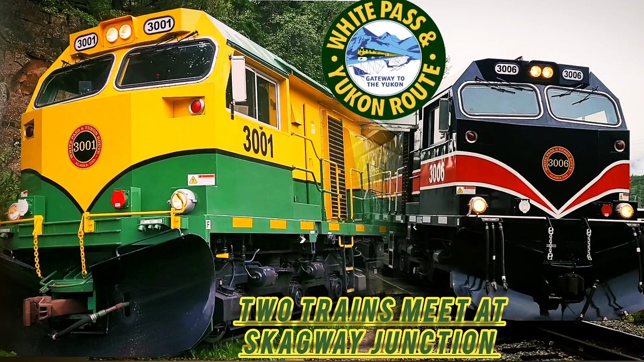 Two White Pass Trains meet at the Skagway Junction