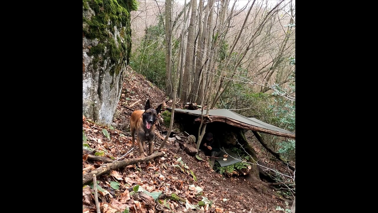 Winter camping in the wild, survival shelter camp in heavy rain