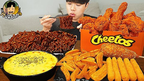 ASMR MUKBANG | CHEETOS Fried Chicken, cheese stick, black bean noodles, Korean Food recipe ! eating