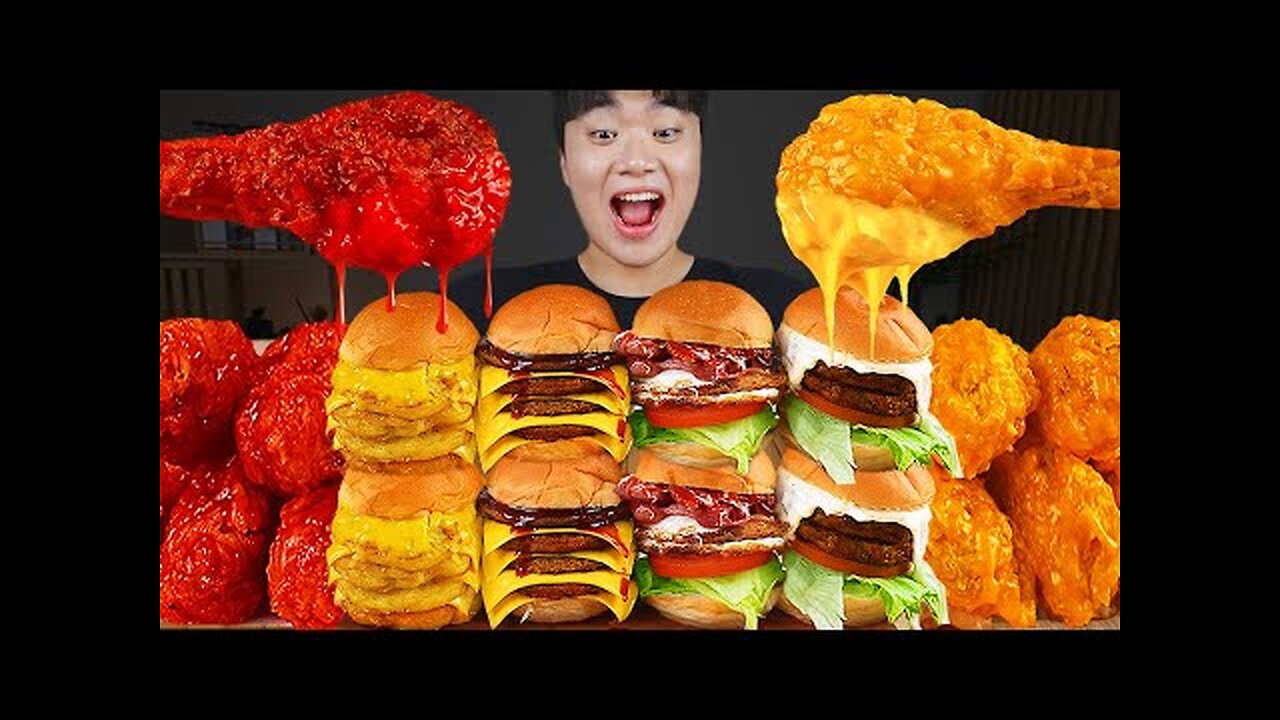 ASMR MUKBANG | CHEESE BURGER, Cheese stick, Fire Noodles, fried chicken recipe ! eating