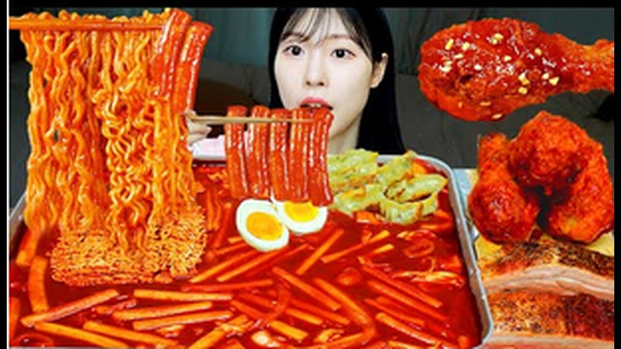 ASMR MUKBANG| Tteokbokki with Ramyun, Seasoned Chicken, Whole Pork belly, Fried Dumplings.