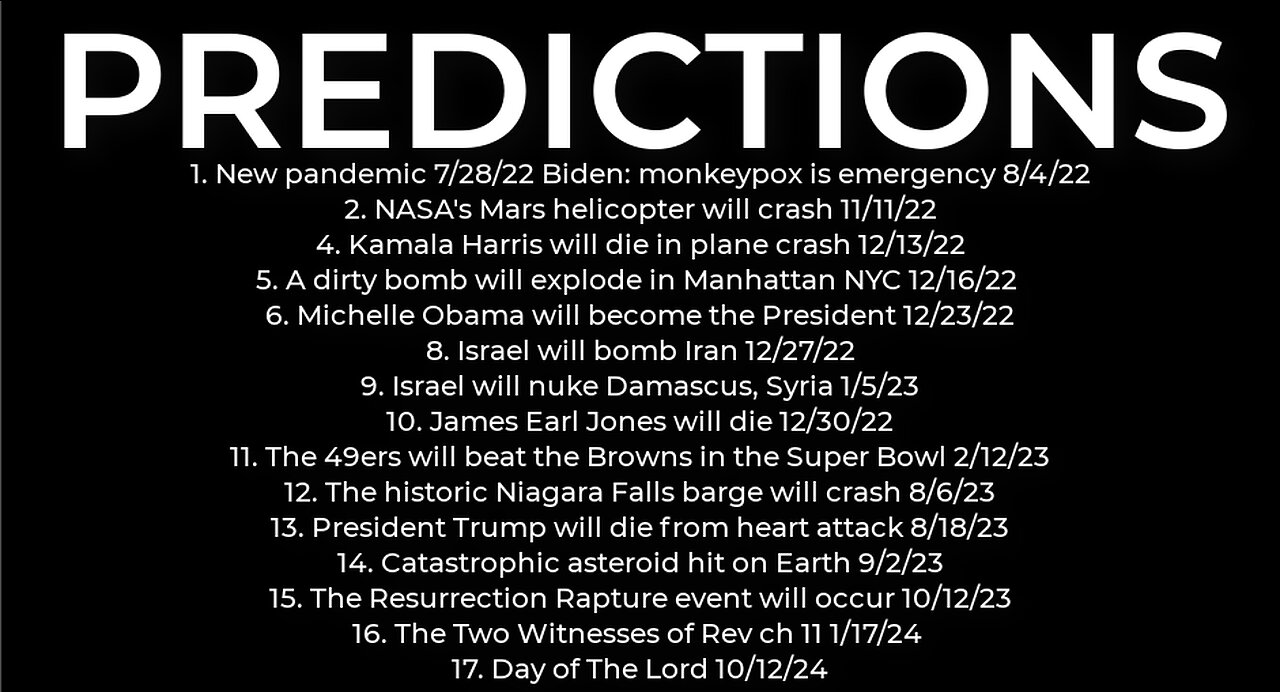 PREDICTIONS - Harris' plane crash 12/8; dirty bomb NYC 12/7; M. Obama Vice President 12/23