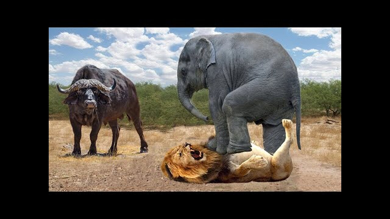 HUNTER BECOMES THE HUNTED - Elephant Herd Take Down Lion To Rescue Buffalo - Lion vs Rhino, Buffalo