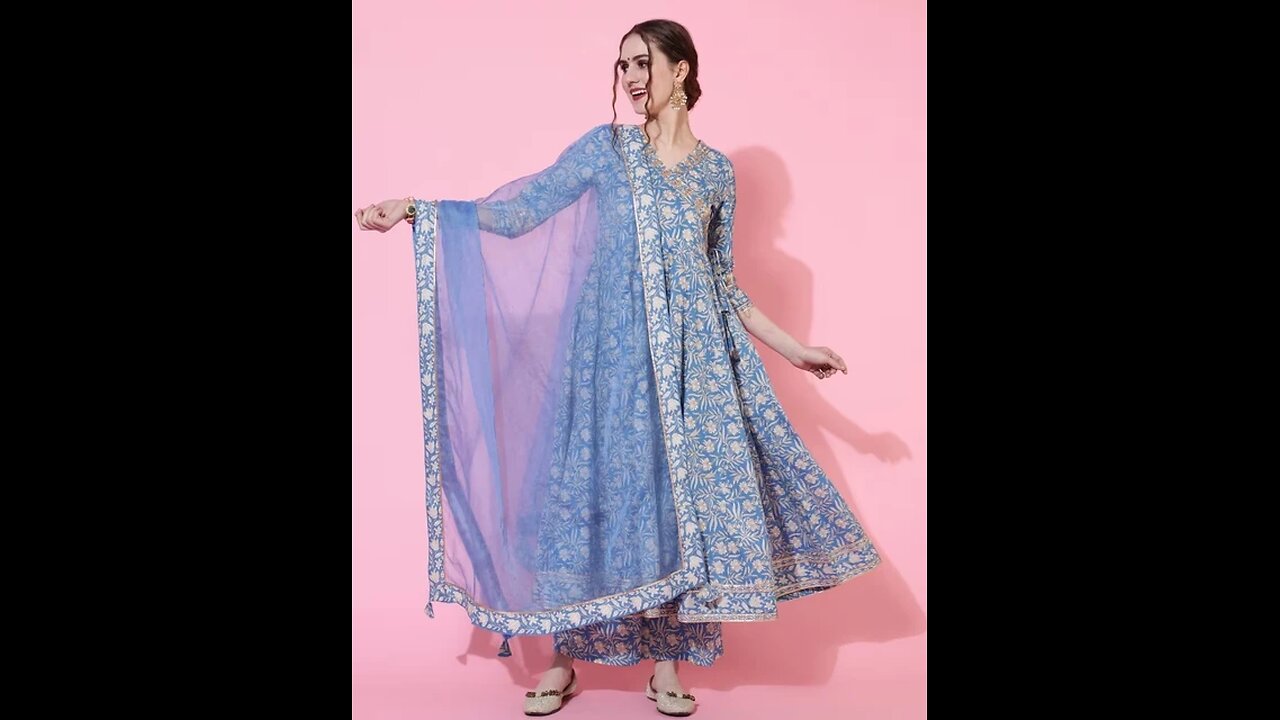 Indian Ethnic Style Blue Pure Cotton Floral Dress With Printed Casual Daily Three Piece Set