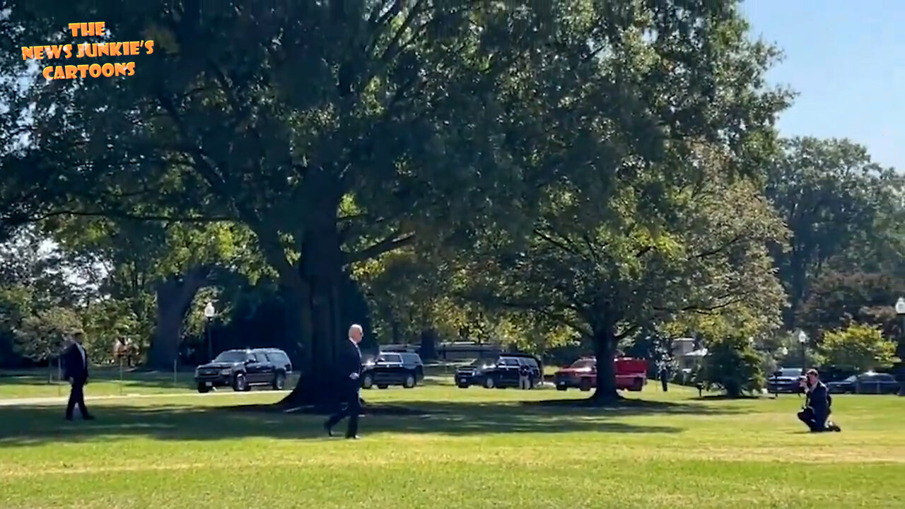 Biden runs to the helicopter while a reporter mentions "Armageddon Is Coming."