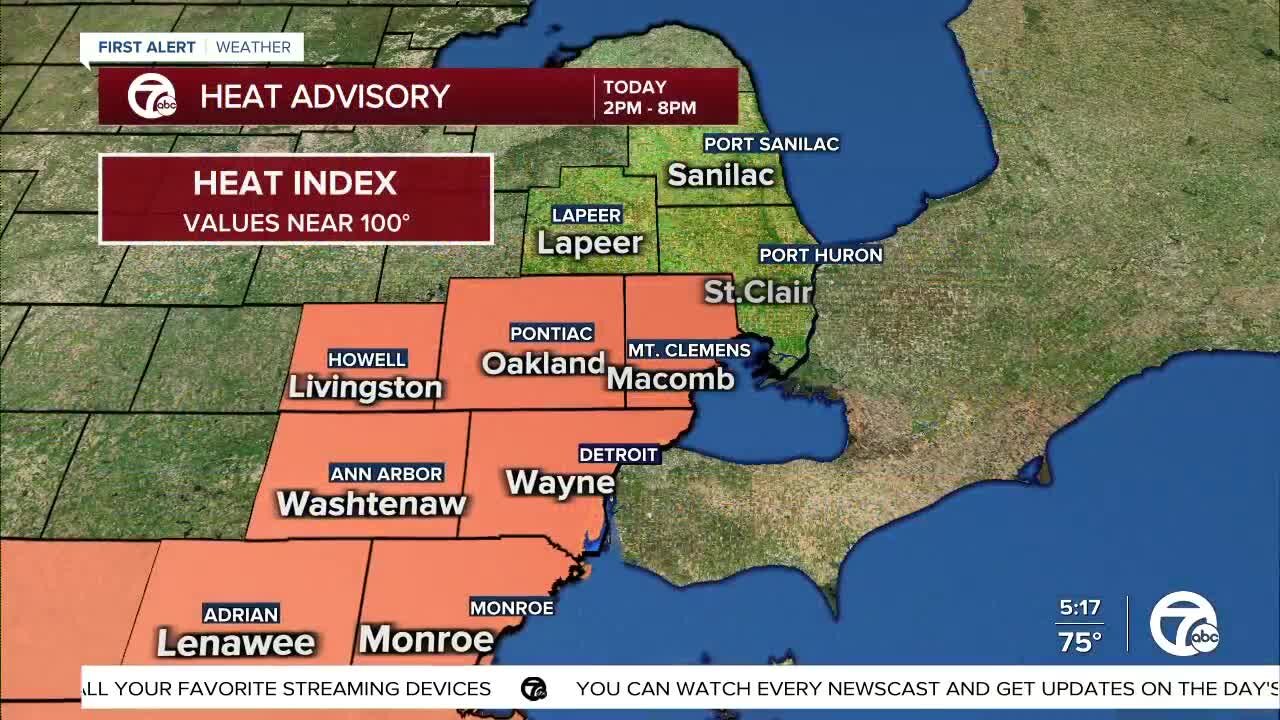 Metro Detroit Forecast: Heat advisory today as heat indices approach 100°