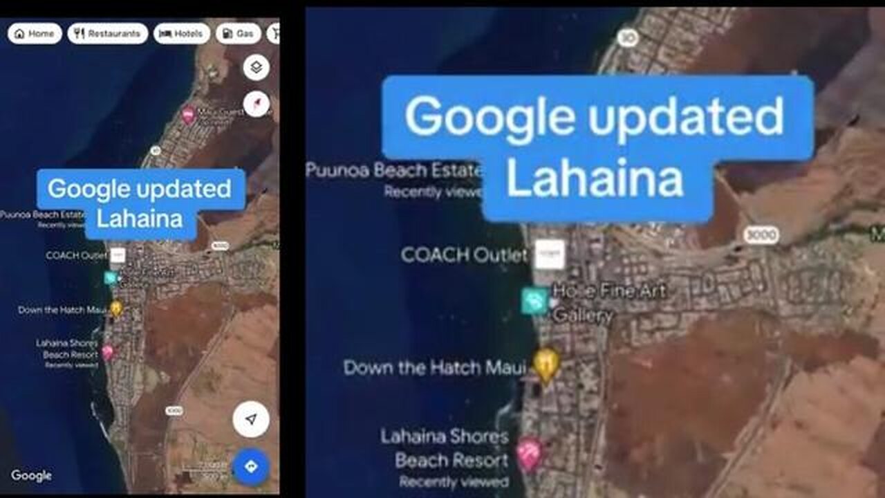 GOOGLE UPDATED AERIAL MAP OF LAHAINA, TEMPORARY HOUSING, DEW IN MAUI
