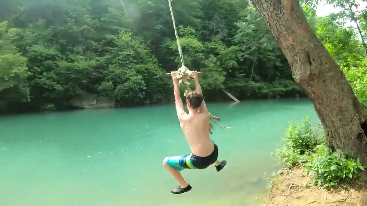 Secret swimming hole with a rope swing on the North Fork. Ram 1500 truck. Ozark National Forest