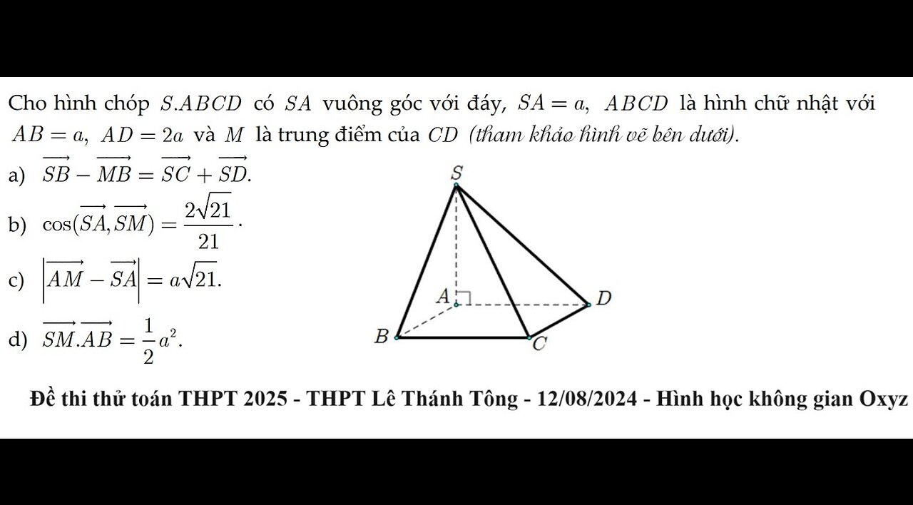 THPT Lê Thánh Tông: Cho hình chóp S ABCD . có SA vuông góc với đáy, SA a  , ABCD là hình chữ nhật