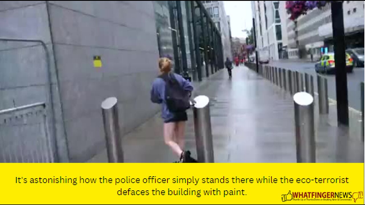 It's astonishing how the police officer simply stands there while the eco-terrorist defaces