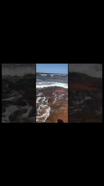 Waves crashing on the red rocks at the beach