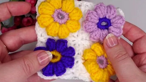 How to crochet and join popcorn flower in square simple tutorial by marifu6a