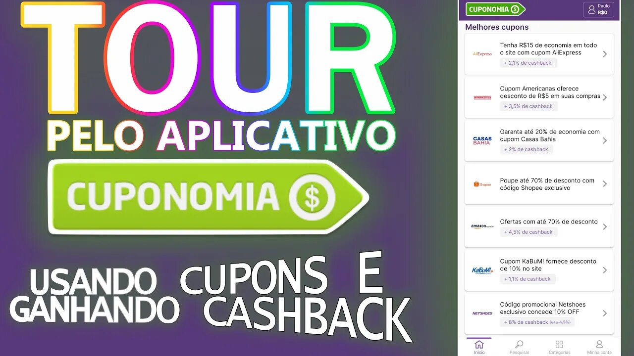 Tour pelo app Cuponomia - usando cupons e ganhando cashback