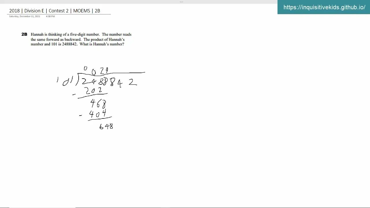 Math Olympiad for Elementary | 2018 | Division E | Contest 2 | MOEMS | 2B