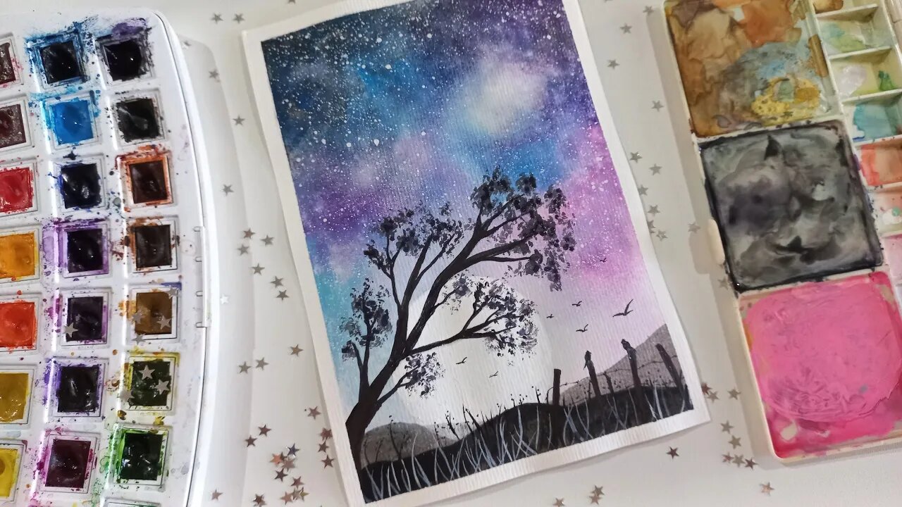 Silhueta Aquarela: Desenho Paisagem Céu Estrelado 🌌