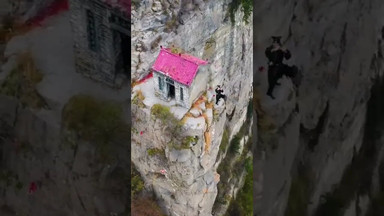 A man is doing practice on top of the mountain.