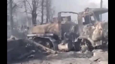 A large column of Russian 'V' vehicles destroyed in Bucha, just outside of Kyiv, Ukraine