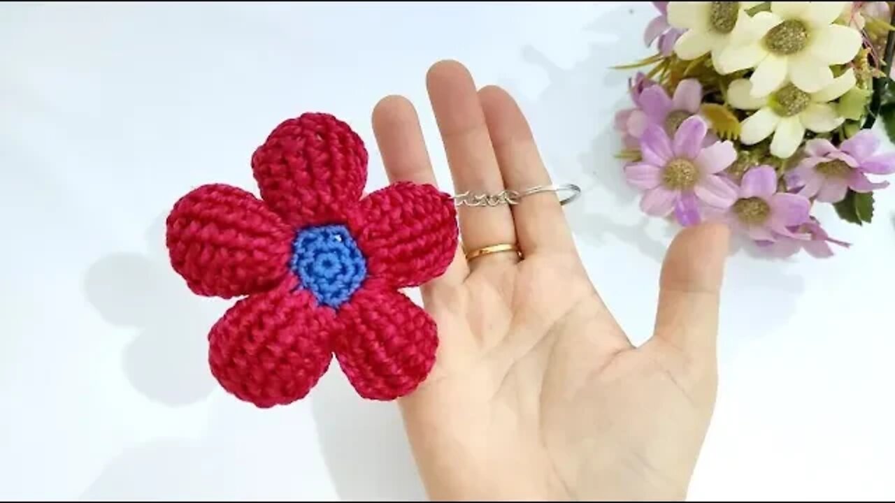 How to make a crochet flower keychain ( Right - Handed ) - crafting wheel.