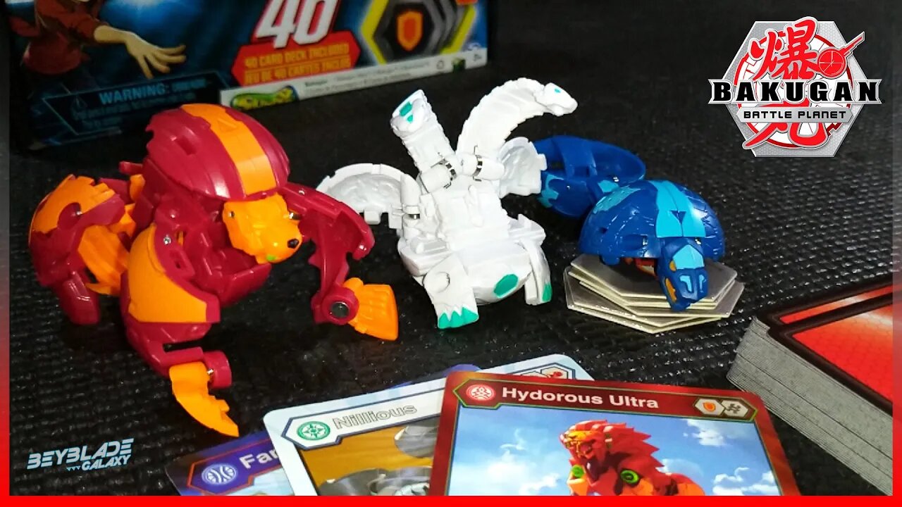 Abrindo Bakugan Battle Planet Starter Set PYRUS HYDOROUS, HAOS NILLIOUS e AQUOS FANGZOR