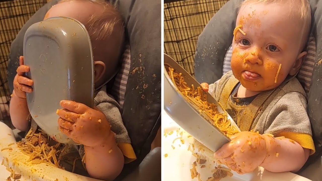 rumble Rumble Viral viral Baby boy gets incredibly messy while eating spaghetti