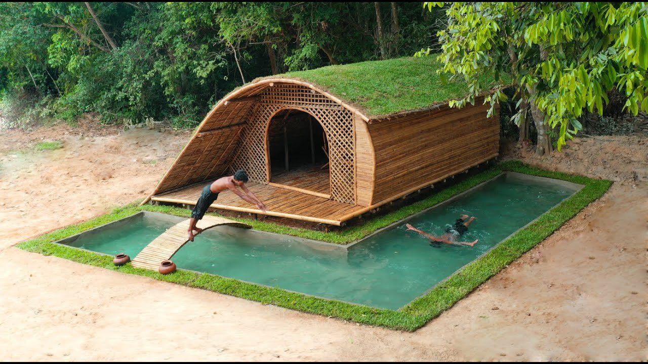 Building Underground Villa With Grass Roof And Build Tunnel Swimming Pool