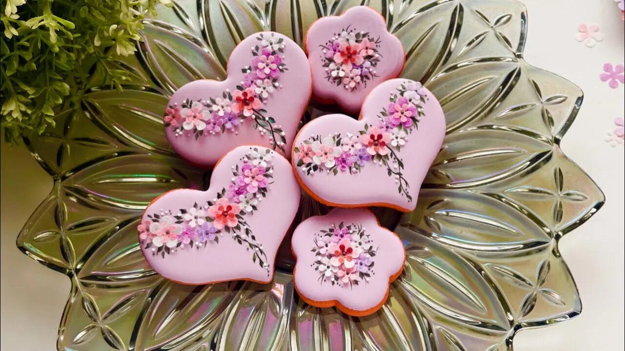 Beautiful Purple Floral Cookies with Wafer Paper Flowers. Happy Valentine's Day!