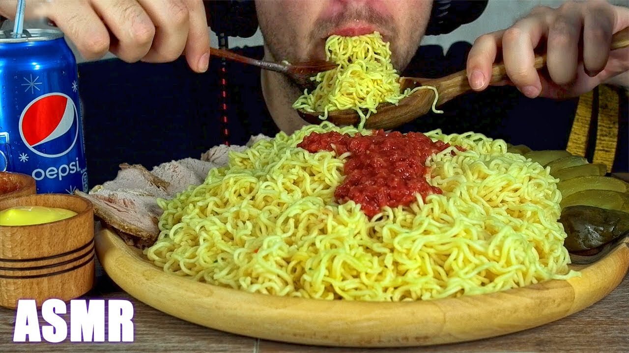 ASMR EATING NOODLES + RED TOMATO SAUCE and MEAT + CHEESE SAUCE and PICKLES (NO TALKING) MUKBANG