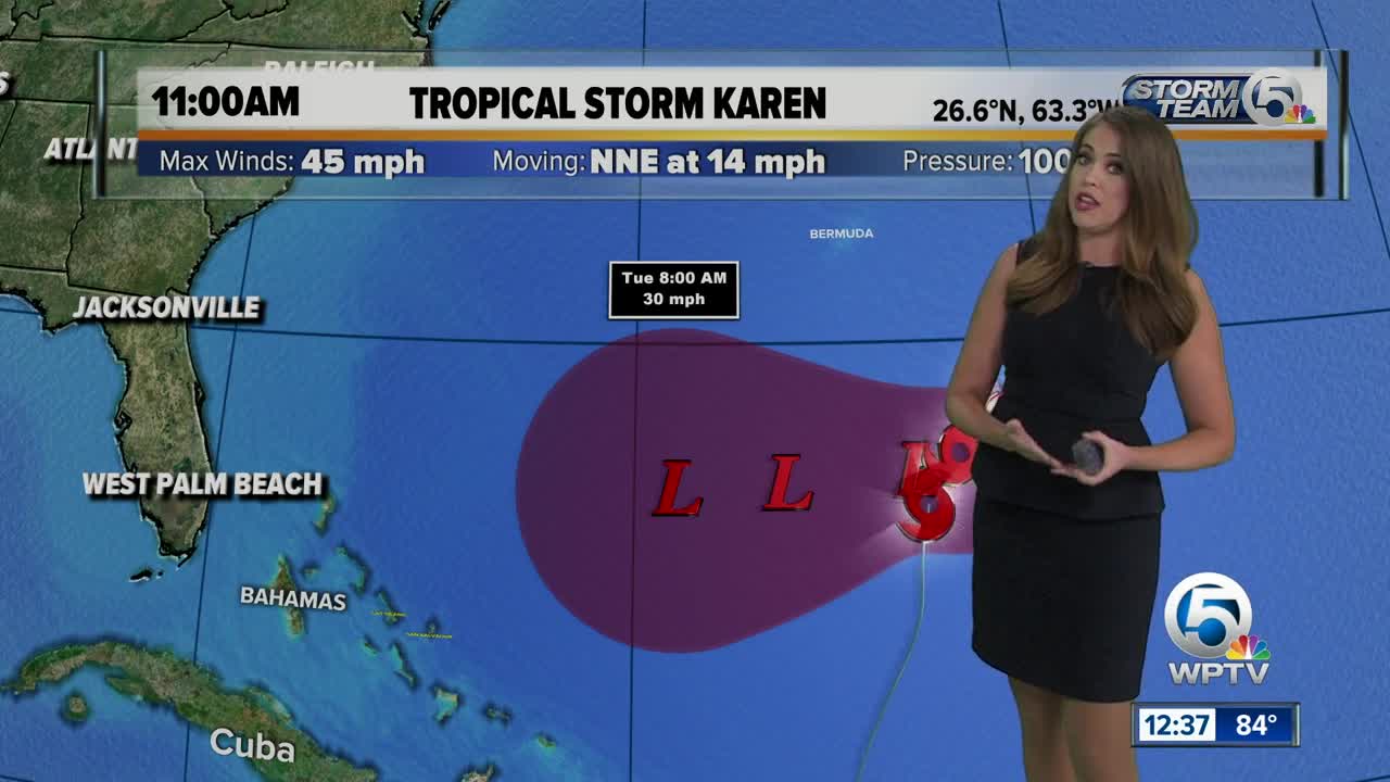 Tropical Storm Karen slightly stronger but forecast to become a remnant low in a few days