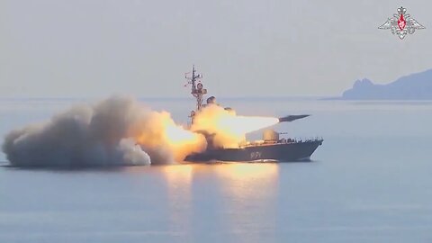 MoD Russia: Pacific Fleet missile ships fire Moskit cruise missiles at mock sea target.