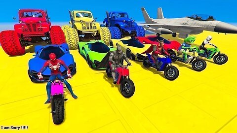 GTA V Mega Ramp On Bikes, Fighter Jets & Boats By Monster Trucks , Cars Spider man Racing Challenge
