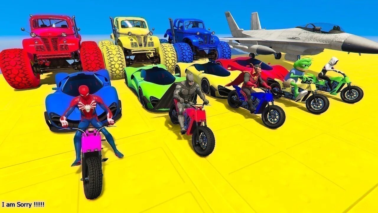 GTA V Mega Ramp On Bikes, Fighter Jets & Boats By Monster Trucks , Cars Spider man Racing Challenge