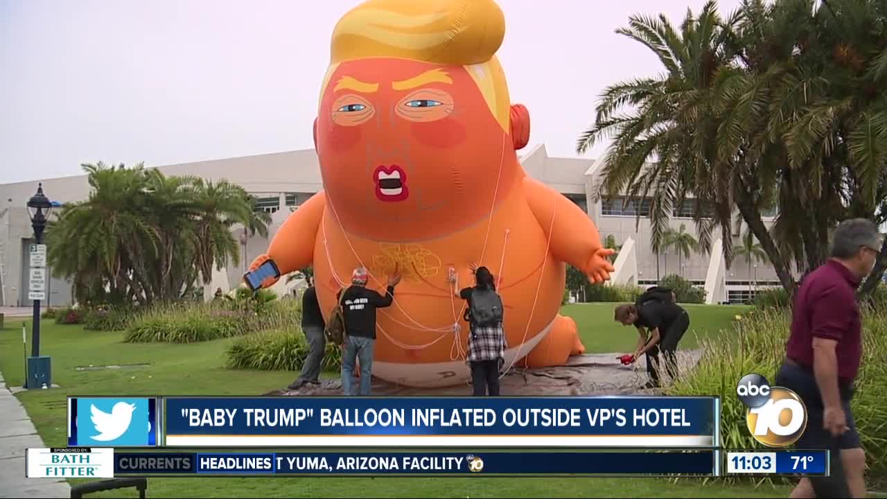 'Baby Trump' balloon inflated outside VP's hotel