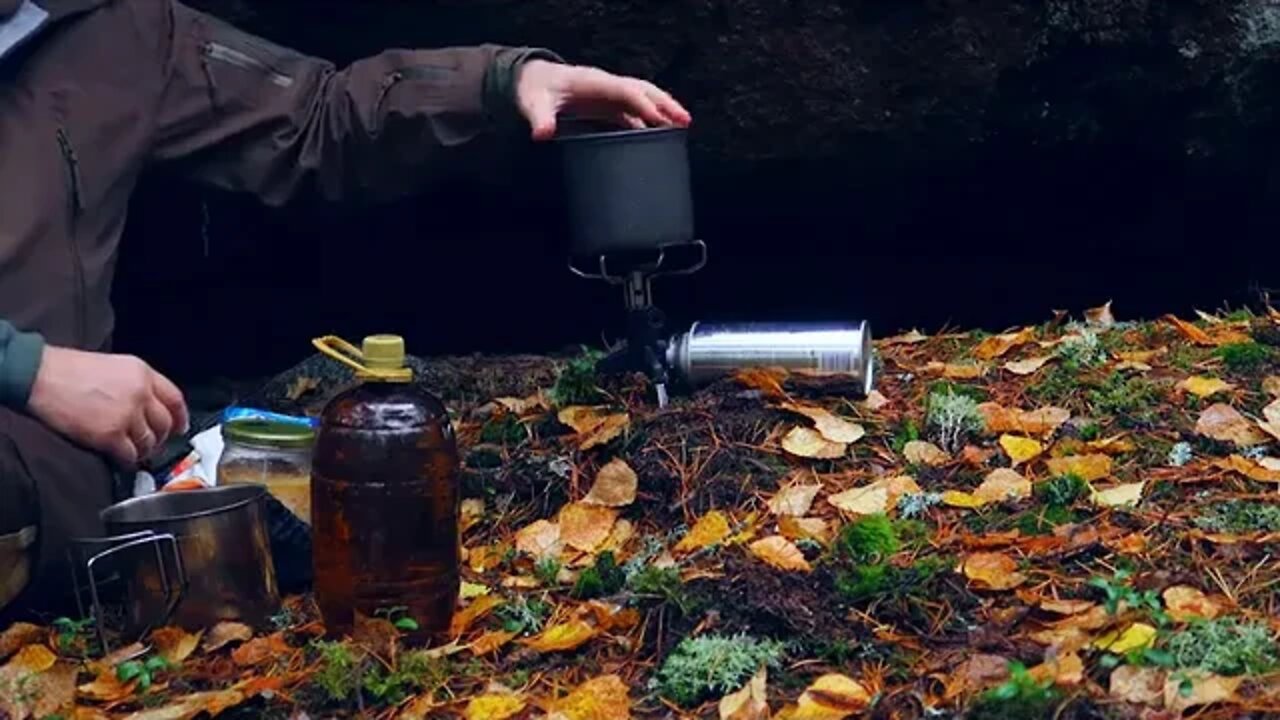 Autumn bushcraft hiking in the rainy fores...14