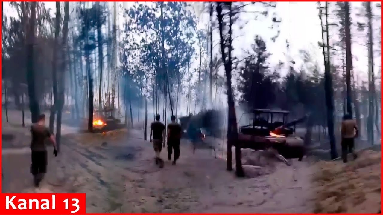 Parking area for Russian military equipment hit in Luhansk:4 modern T-80BVM tanks destroyed- Footage