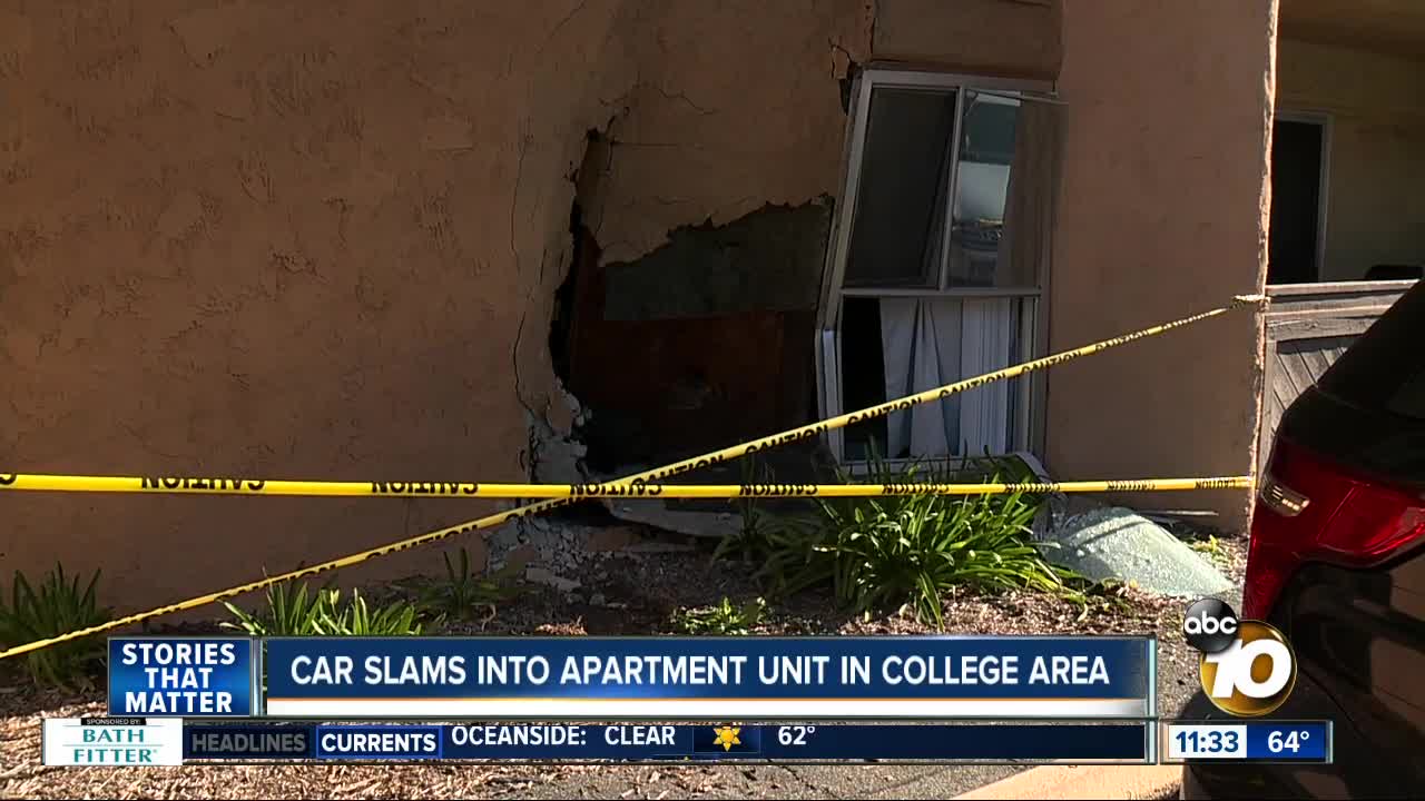 Vehicle crashes into College Area apartment unit, leaves scene