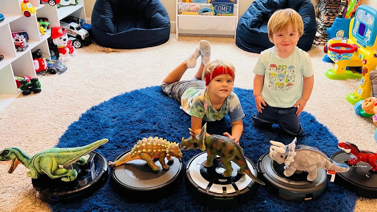 How well can 5 Robot Vacuums clean the playroom??? Part 2! This time with dinosaurs!! 🦖🦕