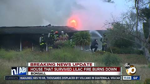 House that survived Lilac Fire burns down