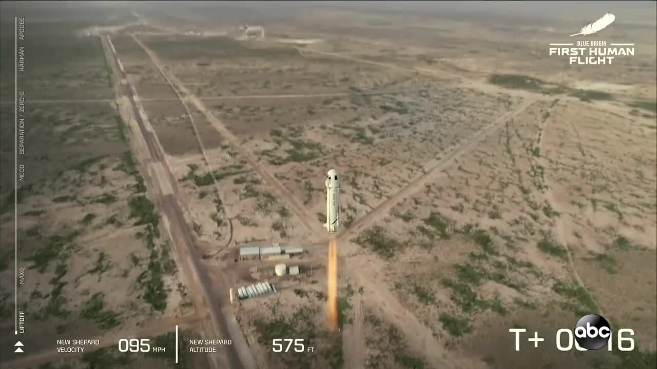 Jeff Bezos launches into space in landmark flight for his space tourism company, Blue Origin