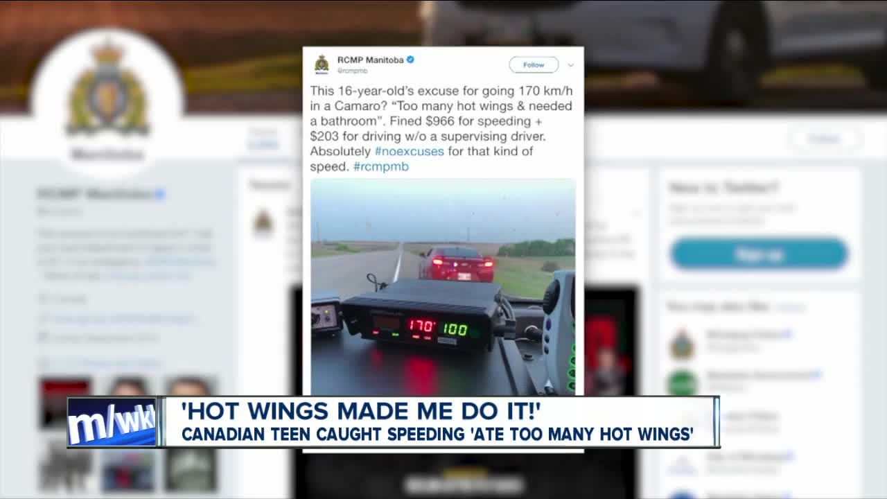 Canadian teen caught speeding says he 'ate too many hot wings'