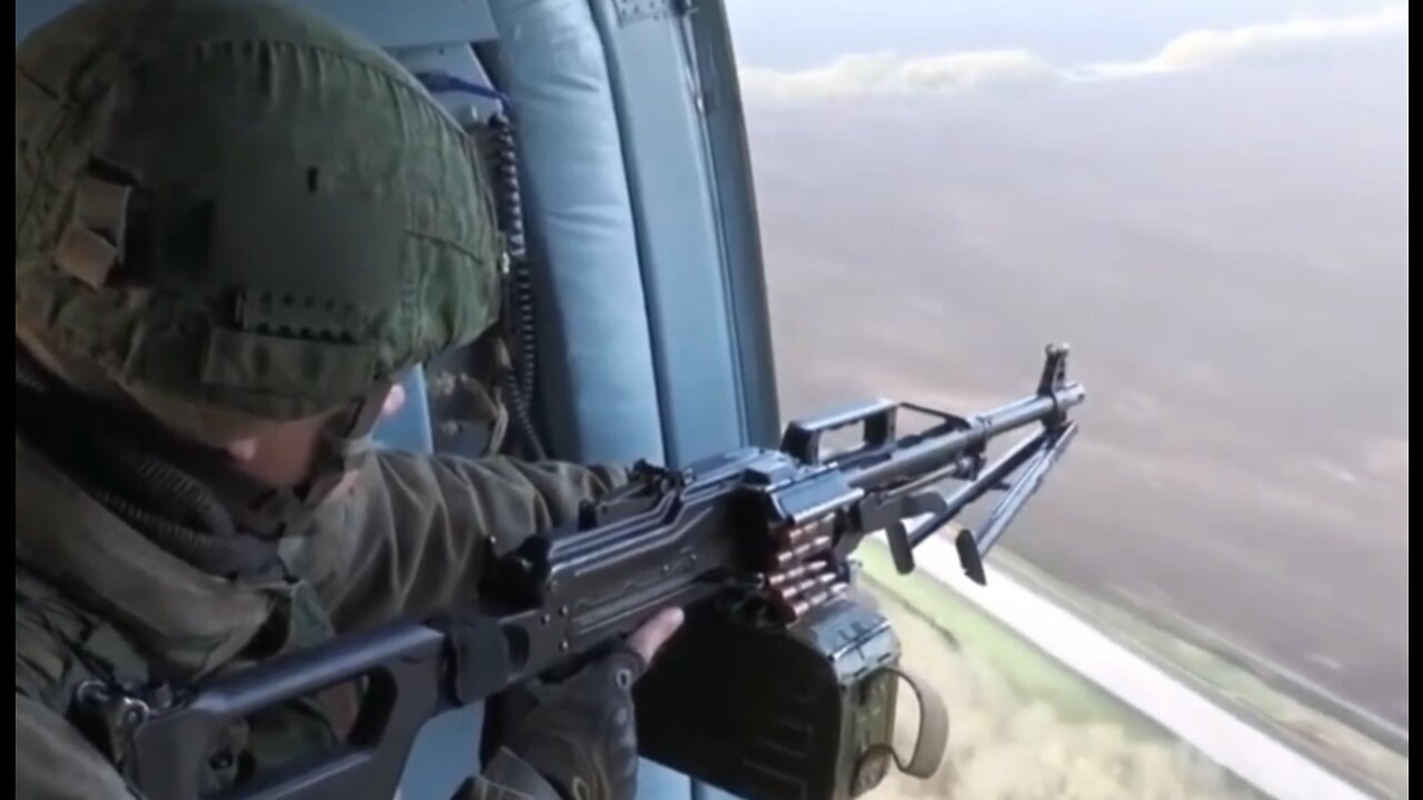 Guarding a convoy of Russian military vehicles using Mi-8 helicopters