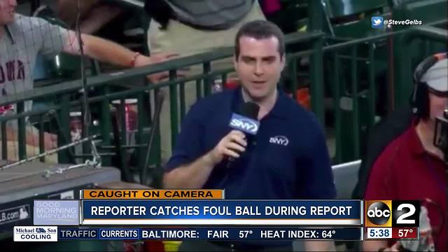 Reporter catches baseball during live report
