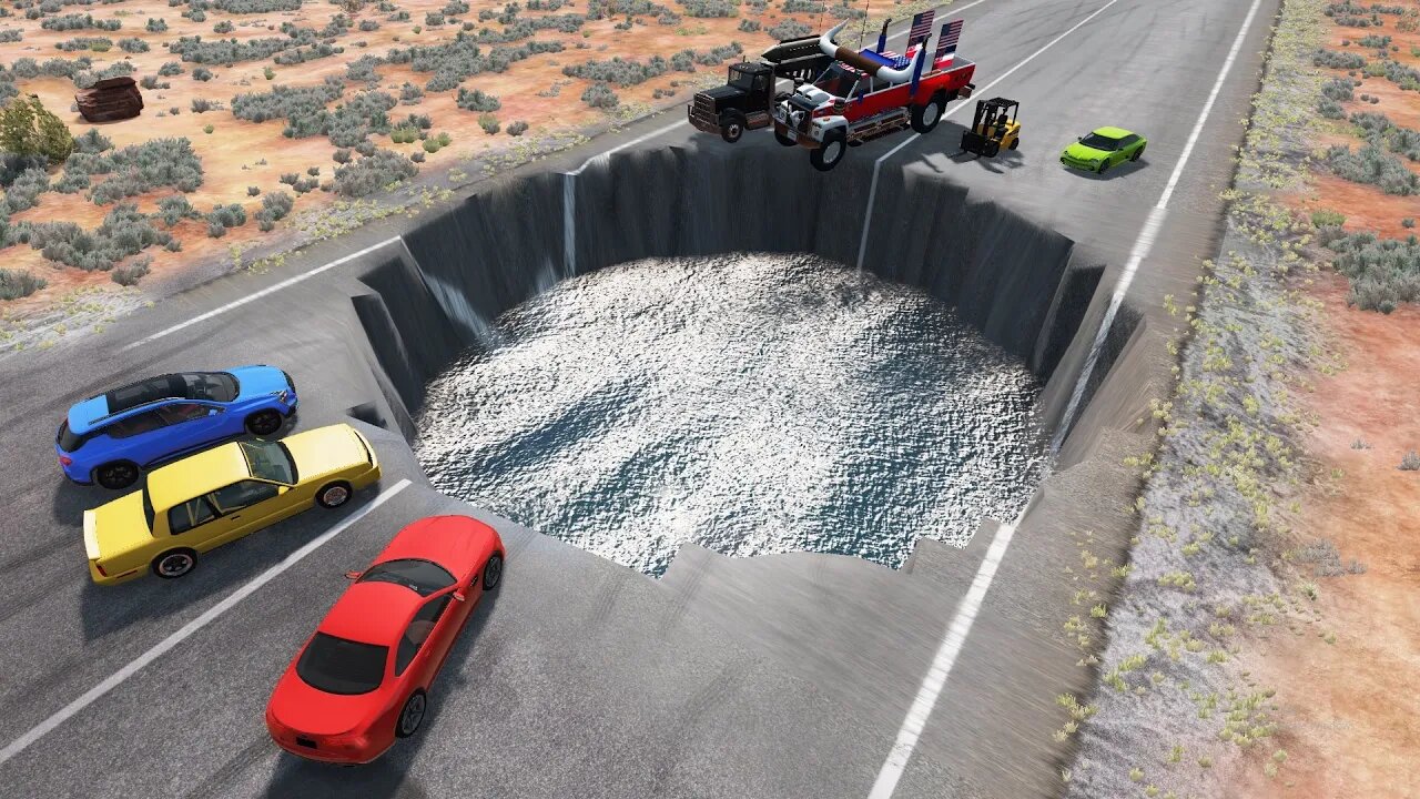 Potholes Ramp Truck cars BeamNg drive Cars and Ramp Truck Vs Massive Water Potholes - BeamNG Drive