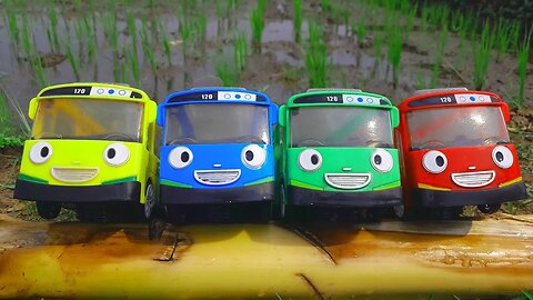 Mencari dan Menemukan Mainan Bus Tayo, Lani, Gani dan Rogi Yang Hanyut di Irigasi Sawah