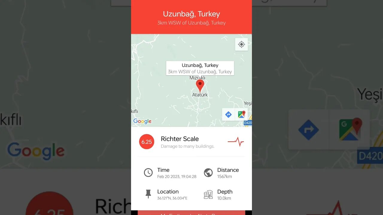 A 6.25 magnitude earthquake has occurred near Uzunbağ, Turkey at 19:04!