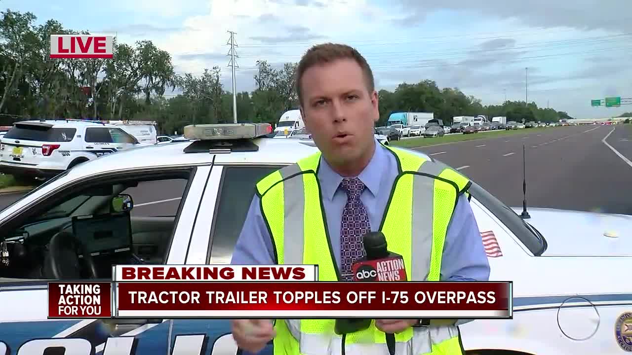 1 dead in fiery crash on I-75 and Fowler involving semi truck that fell on vehicle